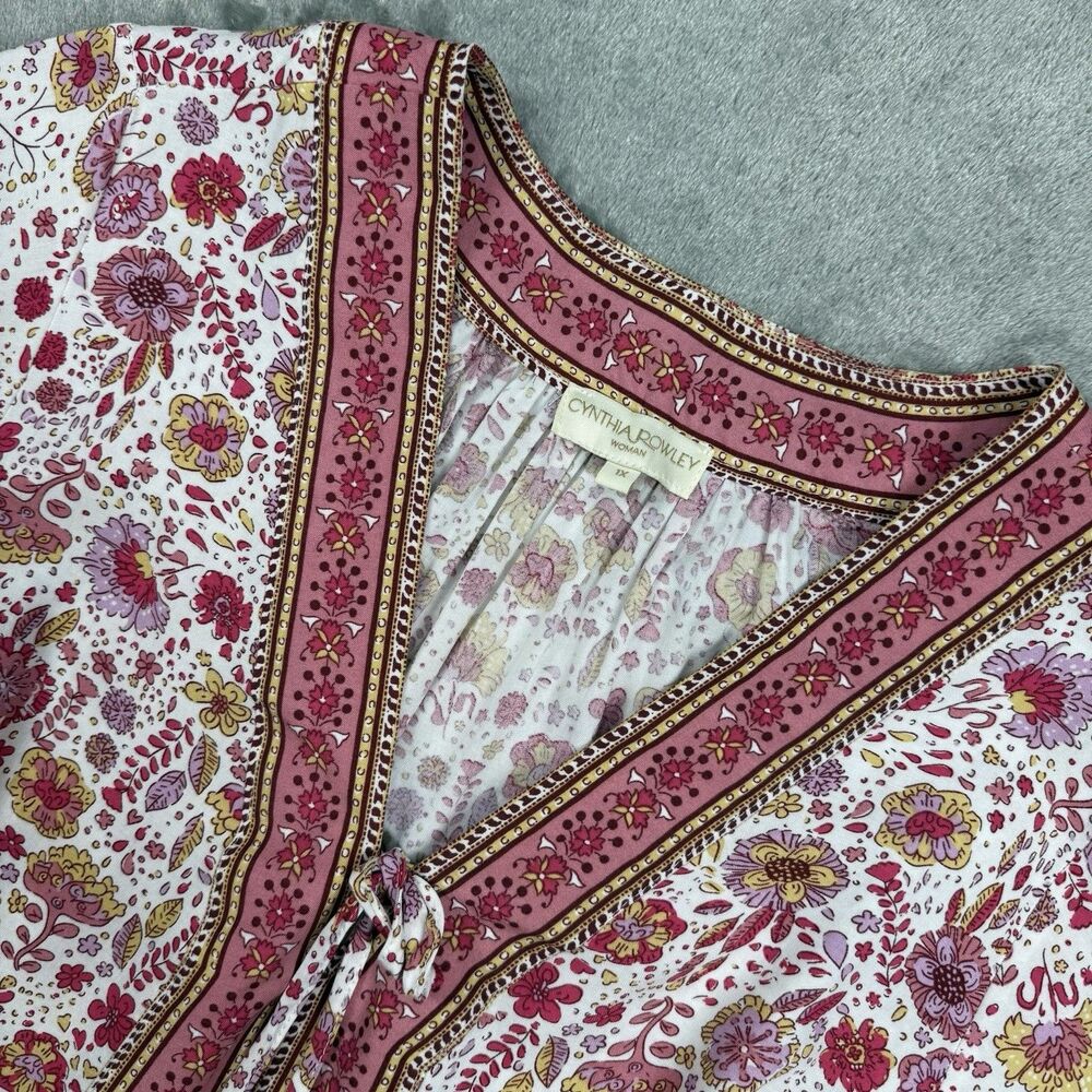Cynthia Rowley Floral Tunic Top Women's 1X Pink Blouse Boho Peasant Tie Front